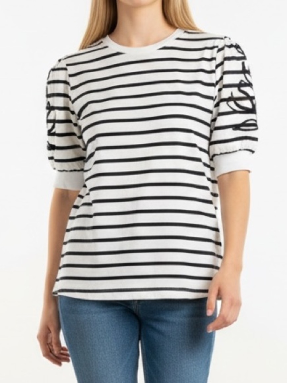 Fred David White and Black Striped Puff-Sleeve Tee size S - sku 165
